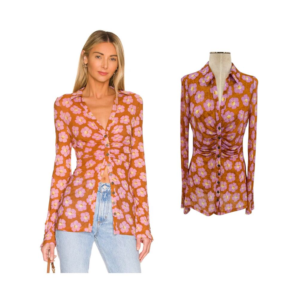Free People Lucky Shirt Mesh Floral Ruched Button Front‎ Coffee Combo Medium